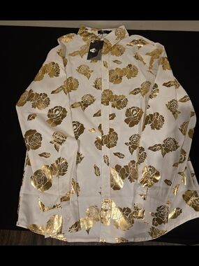 Men's White Button-Down Shirt with Metallic Gold Floral Print